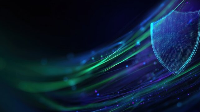 A digital abstract design featuring a shield with colorful flowing lines, representing security and protection in a tech-oriented context.