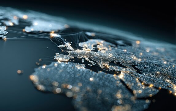 A digital map visualization of Europe, showcasing interconnected lines and luminous points representing data or network connections.