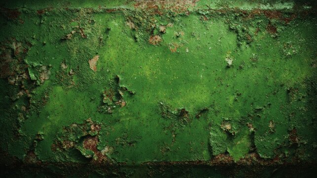 An aged green wall with peeling paint, showcasing a textured surface with varied shades and rust spots, creating a rustic and weathered appearance.
