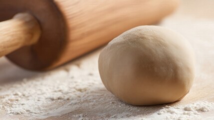 Fresh dough ball on floured wooden surface with rolling pin. Generative AI