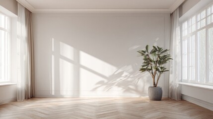 Fototapeta premium A minimalist interior room with large windows, soft curtains, and a potted plant casting shadows on the wooden floor.