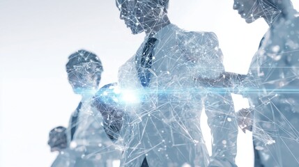 A stylized image of business professionals interacting with digital technology, featuring a futuristic, network-like overlay.