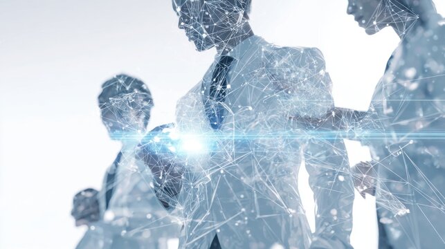 A stylized image of business professionals interacting with digital technology, featuring a futuristic, network-like overlay. - Powered by Adobe