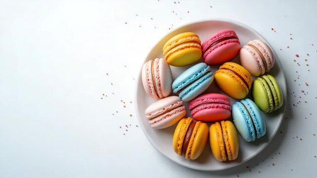 Vibrant pastel macarons in various colors served on a round white plate with festive sprinkles nearby. A cheerful and elegant dessert presentation. Sweet and playful.