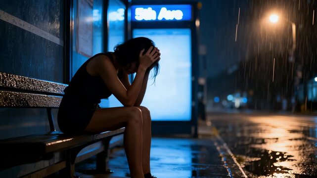 Desolate scene of woman sitting in rain illuminated by neon lights