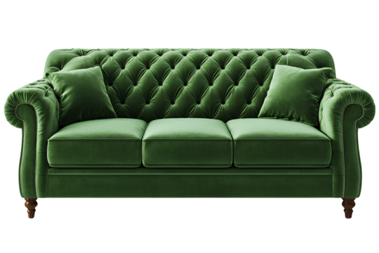 Classic Green Tufted Sofa with Rolled Arms and Three Cushions Isolated on Transparent Background