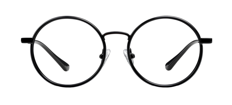 Classic Round Black Frame Eyeglasses with Transparent Lenses on Checker Background