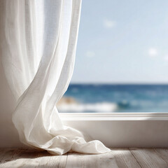 Serene coastal view through a window with flowing white curtains. Evokes calm, relaxation, escape. Ideal for travel, home decor, or peaceful lifestyle themes.