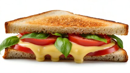 Close-up of a grilled sandwich filled with melted cheese, fresh tomato slices, and green basil leaves. Crispy bread and creamy filling. Isolated on white or transparent background. - Powered by Adobe