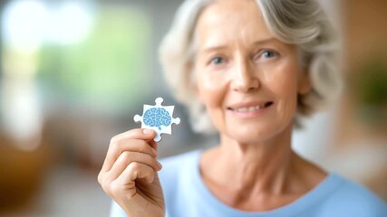 Elderly woman holding puzzle with brain symbol defocused dementia, faceless Alzheimer's concept, mental health visualization detail, blurred awareness background, senior support co