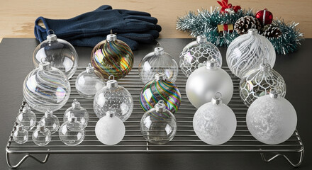 Glass blowing christmas bauble creation, festive colorful display. Multiple glass baubles in various completion stages on cooling rack. Safety gloves and holiday decoration nearby.