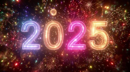 Celebrate 2025 with vibrant fireworks and glowing neon numbers for a festive New Year countdown