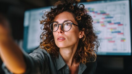 Businesswoman with Curly Hair Glasses Analyzing Data in Office with Large Screen