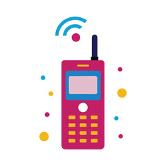 90s style cell phone with antenna and speech icons.