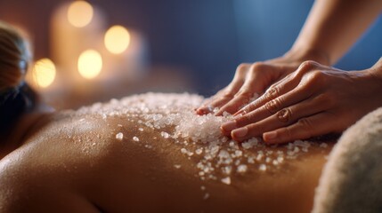 A serene spa scene featuring a person receiving a salt scrub massage, with soft lighting and candles in the background, promoting relaxation and wellness.