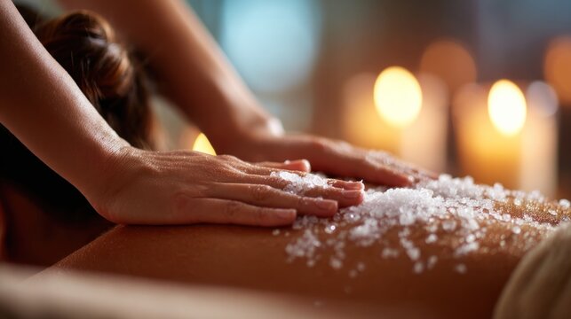 A serene massage scene featuring hands applying salt scrub on a back, surrounded by warm candlelight for a relaxing ambiance.