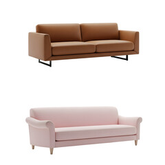 Modern tan leather sofa and classic pink fabric couch set designs isolated on transparent background
