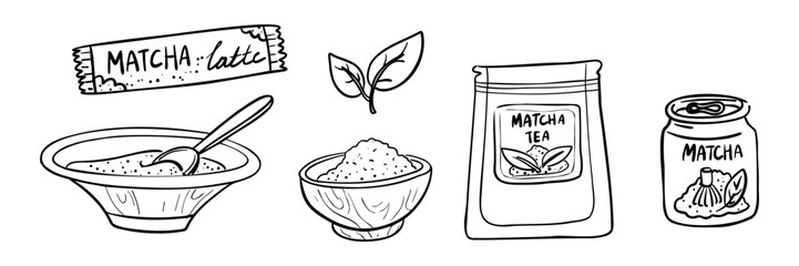Set of ingredients and packaging for matcha tea. bag of powder latte, tea leaves, cup of powder, canned drink. healthy eating blogs, coloring pages, cafe branding, artistic illustrations for recipes