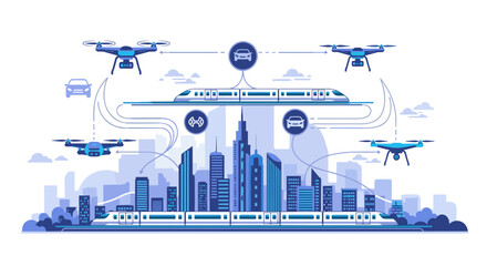 Illustration of a smart city with drones and public transport
