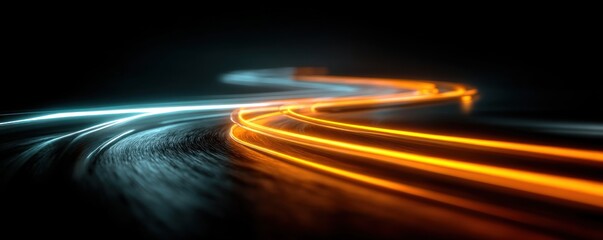 Abstract neon light paths curve across a dark background for a futuristic, dynamic motion look