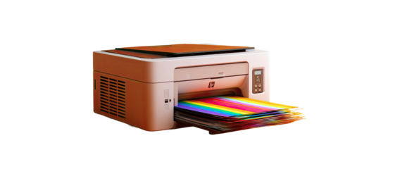 Salmon-colored printer printing rainbow pages