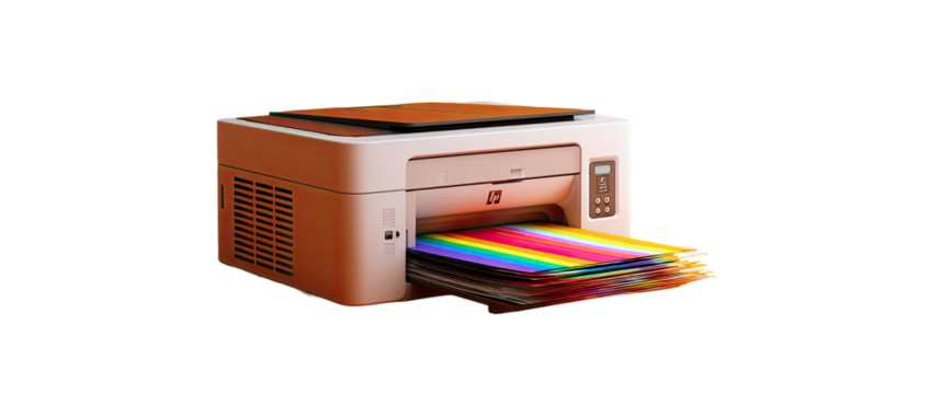 Salmon-colored printer printing rainbow pages