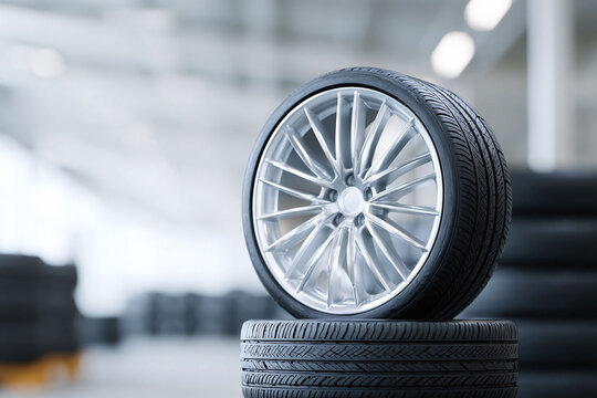 Sleek car tire with a modern silver alloy rim, showcasing precision engineering and automotive excellence. Perfect for ads, industry, and vehicle related concepts.