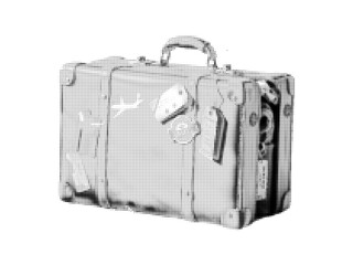 Suitcase illustration, travel theme, halftone style, dotted texture, retro comic book look, clean lines, high contrast, minimalist design, white background, vector © Victoriya