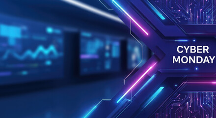 Cyber Monday promotional design showing modern tech circuit board with glowing neon lines. Cyber Monday marketing showcases advanced technology and futuristic digital patterns.