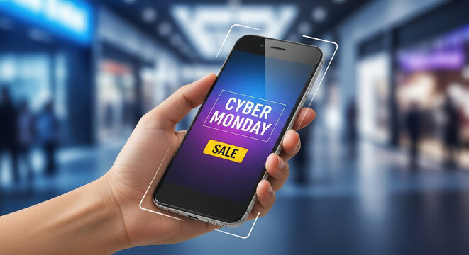 Cyber Monday advertisement displayed on smartphone in consumer's hand in busy shopping mall. Concept Cyber Monday promotion featuring shopping deals with hand holding smartphone,