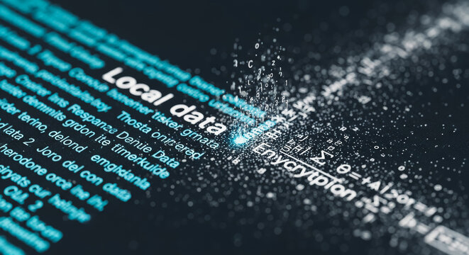 An abstract image features the words Local data and Encryption, along with other related technical text, set against a dark, futuristic background.