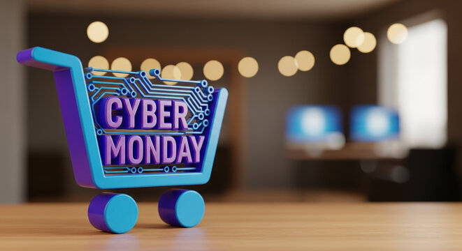 Featuring Cyber Monday shopping cart on table with festive lights for shopping season. Cyber Monday represents great opportunity to purchase gifts,