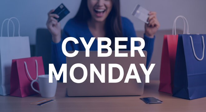 Cyber Monday online shopping with smiling young woman holding credit cards and shopping bags. Cyber Monday deals and special online discounts are here for holiday season, sales, and promotions. - Powered by Adobe