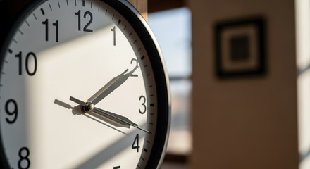 Daylight Saving Time Change with clock face showing hour and minute hands, close-up view in bright morning light. Daylight Saving Time Change prompts adjustment of clocks in homes and businesses.