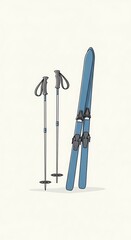 Pair of Blue Skis and Poles on a Light Background.