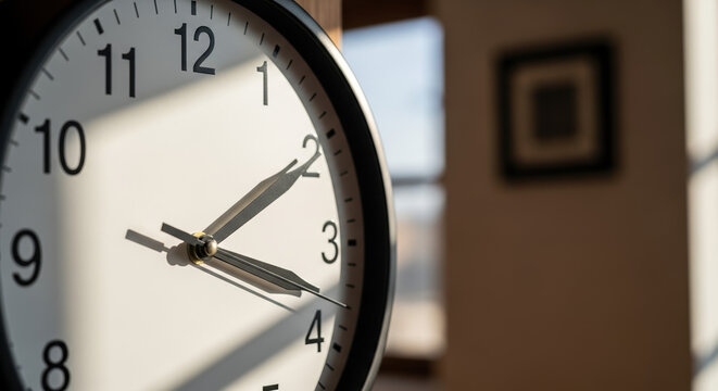 Daylight Saving Time Change with clock face showing hour and minute hands, close-up view in bright morning light. Daylight Saving Time Change prompts adjustment of clocks in homes and businesses. - Powered by Adobe