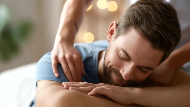 Masseur performing back massage on client defocused therapy, faceless physiotherapist treatment, deep tissue visualization detail, blurred wellness background, relaxation concept,