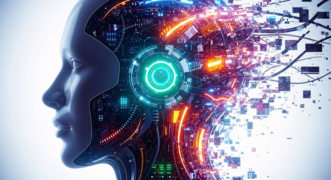 Profile of a cyborg head with digital data exploding outwards