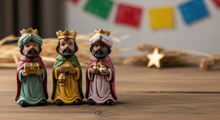 Three Kings' Day figures arranged on wooden surface for traditional Epiphany. Día de los Reyes composition shows three wise men bringing gifts, evoking festive mood.