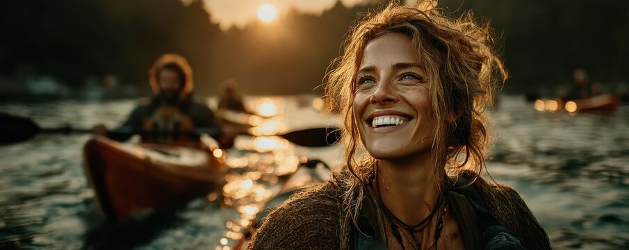 Woman and man kayaking on the river at sunset, smiling and enjoying outdoor adventure together - Powered by Adobe