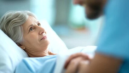 Elderly woman receiving rehabilitation assistance defocused hospital room, faceless aging care, physical therapy visualization detail, blurred medical background, health recovery c