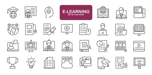 Set of line icons related to e-learning, school, study. Outline icons collection