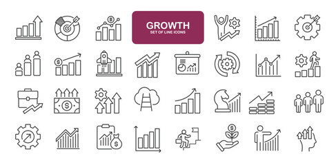 Set of line icons related to growth, increase, gain, chart. Outline icons collection