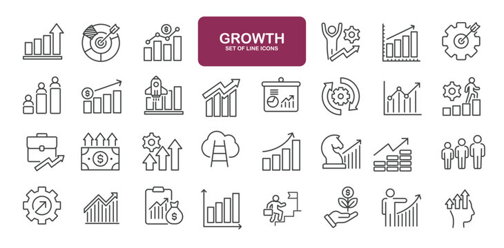Set of line icons related to growth, increase, gain, chart. Outline icons collection
