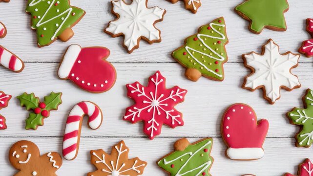 Decorated Christmas cookies in various festive shapes with colorful icing, placed on white wooden surface. Gingerbread cookies shaped as trees, mittens, snowflakes, and canes.