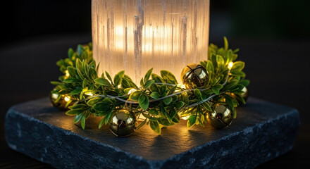 Christmas healing crystals with lights, meditation practice decor. Large selenite tower on dark stone platform. Green garland and gold bell arranged around the base. 