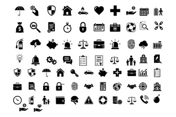 Silhouette pack of 38 black Insurance and Protection solid icon set with pure white background