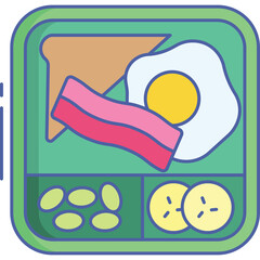 Flat Illustration of a Healthy Breakfast Bento Box Containing Fried Egg Crispy Bacon Toast Slices Edamame Beans and Banana Slices on a Light Teal Background with Subtle Purple Outline and Shadow