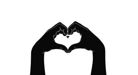 Silhouette of two hands forming a heart shape against a stark white background with a tiny heart detail