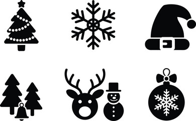 Christmas holiday silhouette icons set, festive tree, snowflake, Santa hat, pine trees with bells, reindeer snowman, ornament vector illustrationChristmas 
